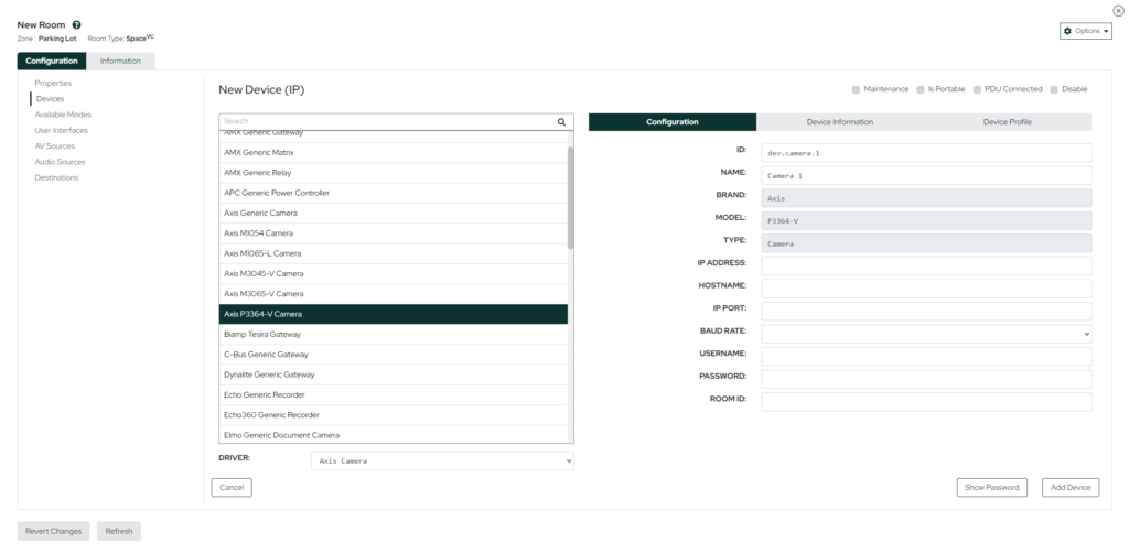 Example of the configuration page for an Axis Camer, Note the driver is selected under the list