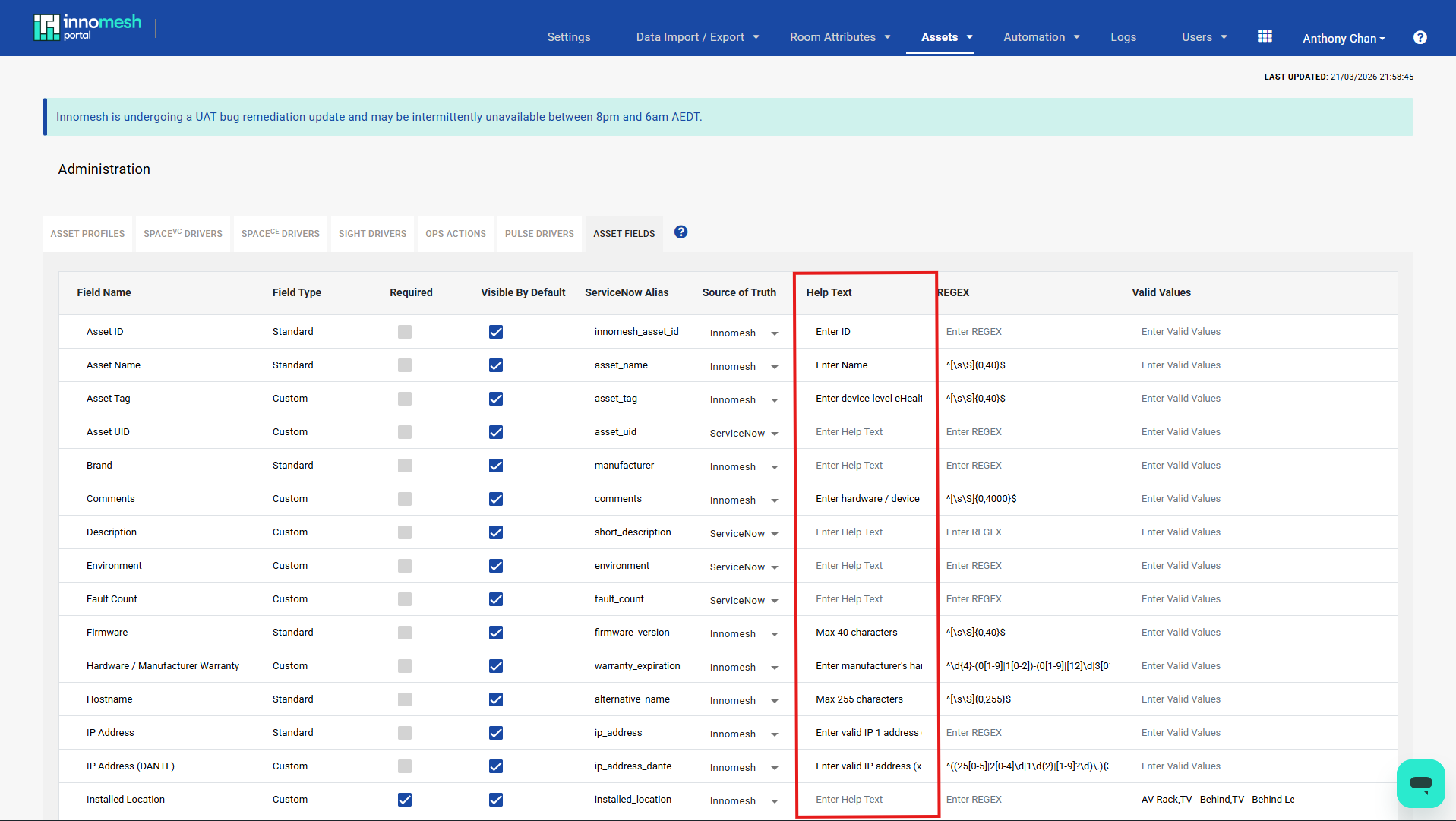Asset Fields administration page with the Help Text column highlighted, showing examples of help text for various fields