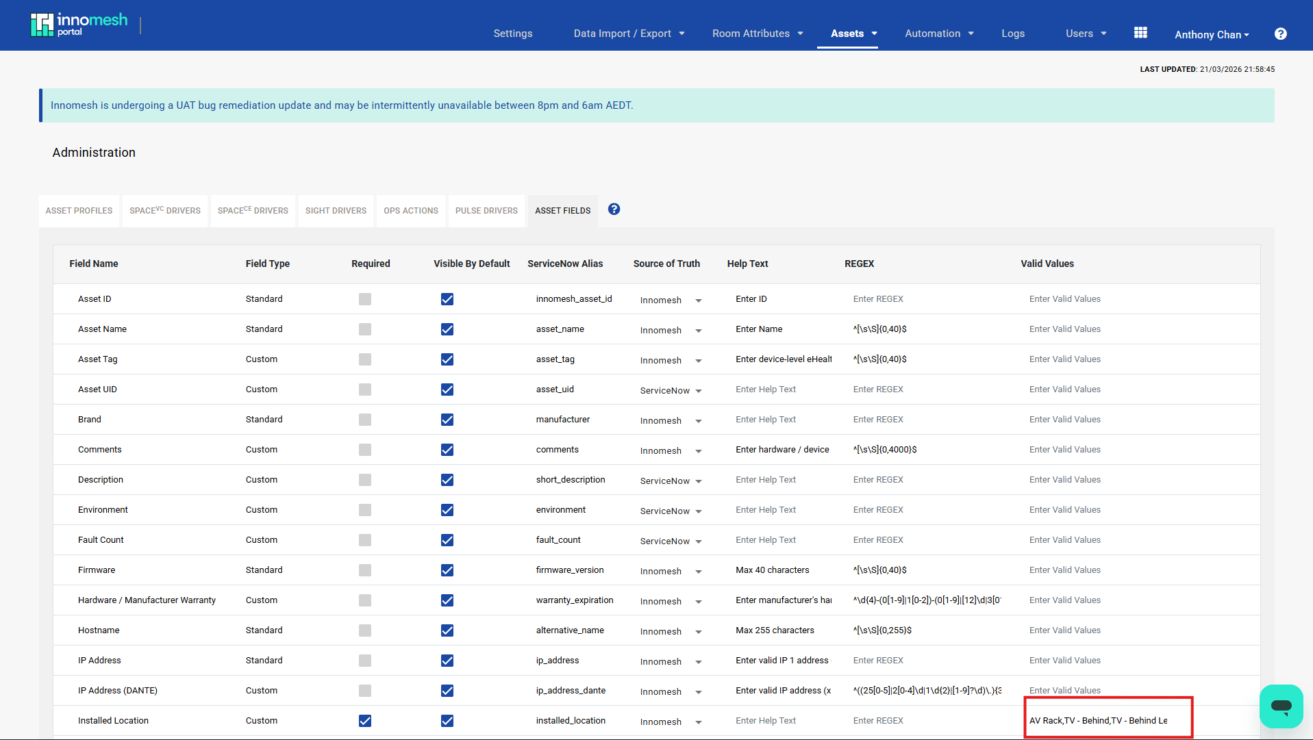 Asset Fields administration page with the Valid Values column highlighted, showing a comma-separated list for the Installed Location field