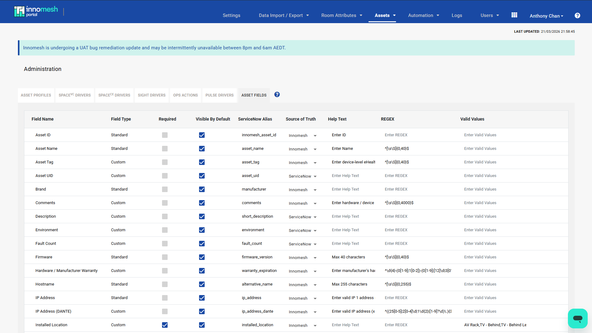 Asset Fields administration page showing Field Name, Field Type, Required, Visible By Default, ServiceNow Alias, Source of Truth, Help Text, REGEX, and Valid Values columns