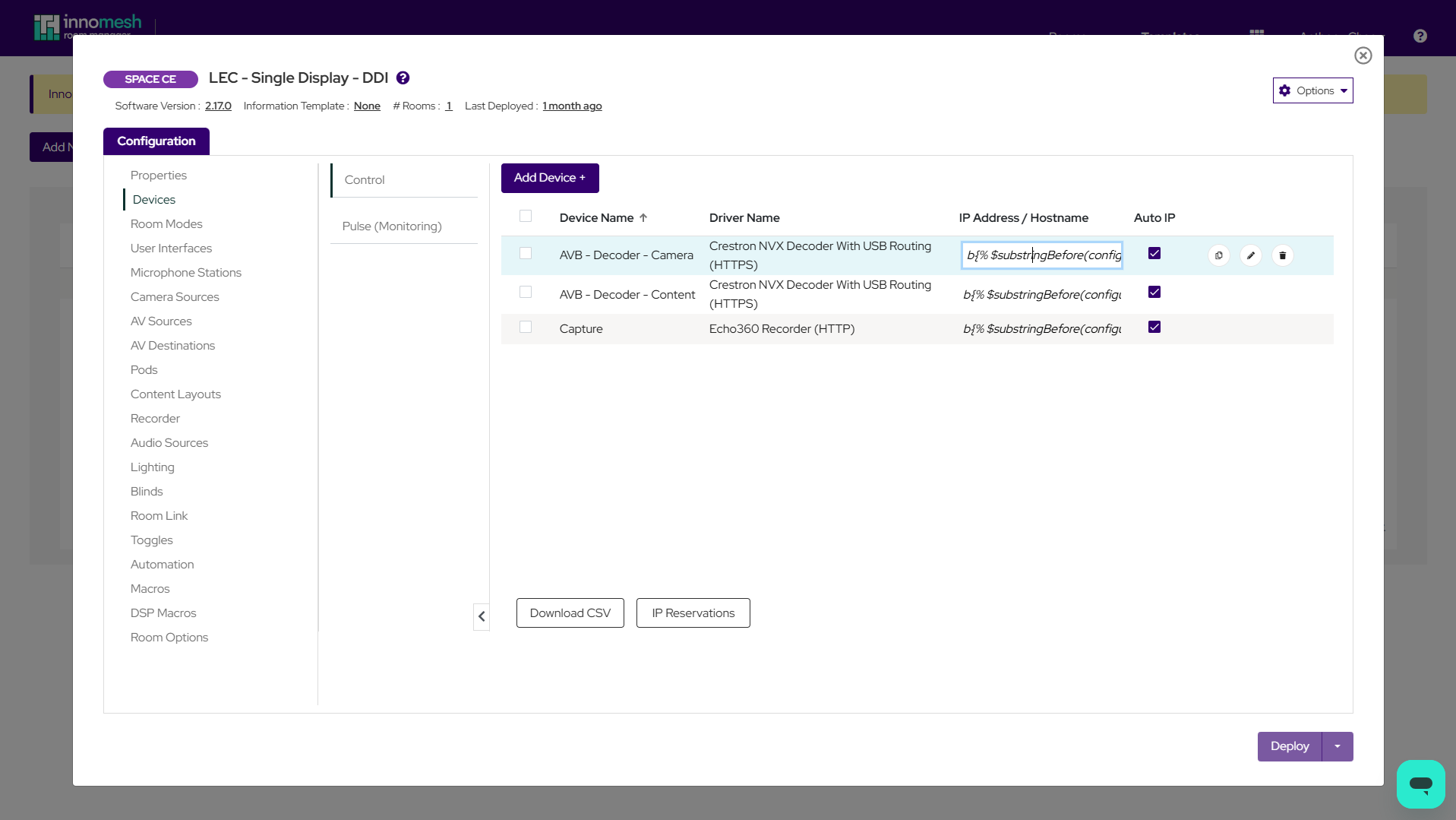 Device list showing hostnames with dynamic expressions in a distinct colour, and a tooltip showing the resolved value