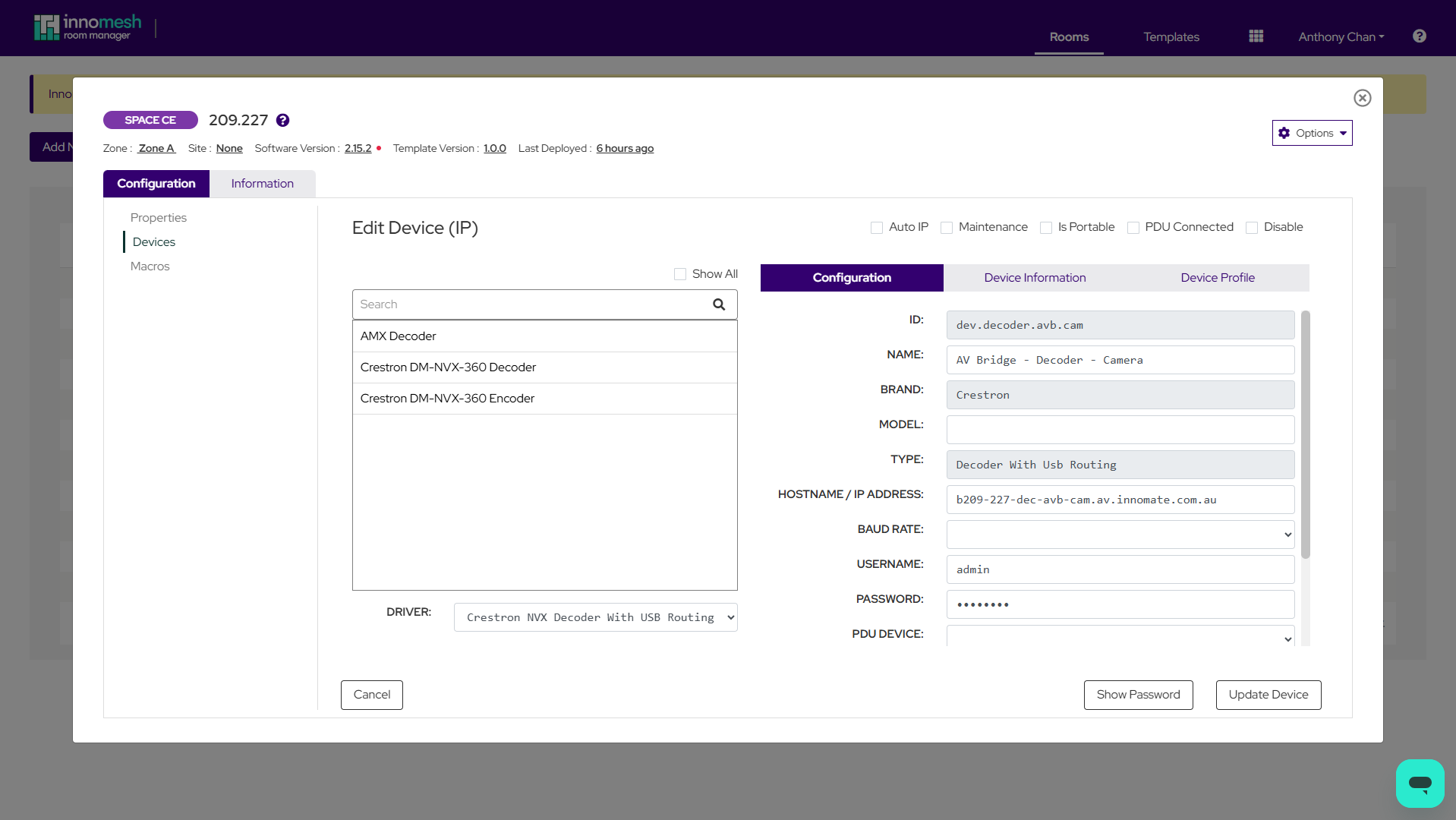 Edit Device page with Auto IP disabled showing the combined Hostname / IP Address field