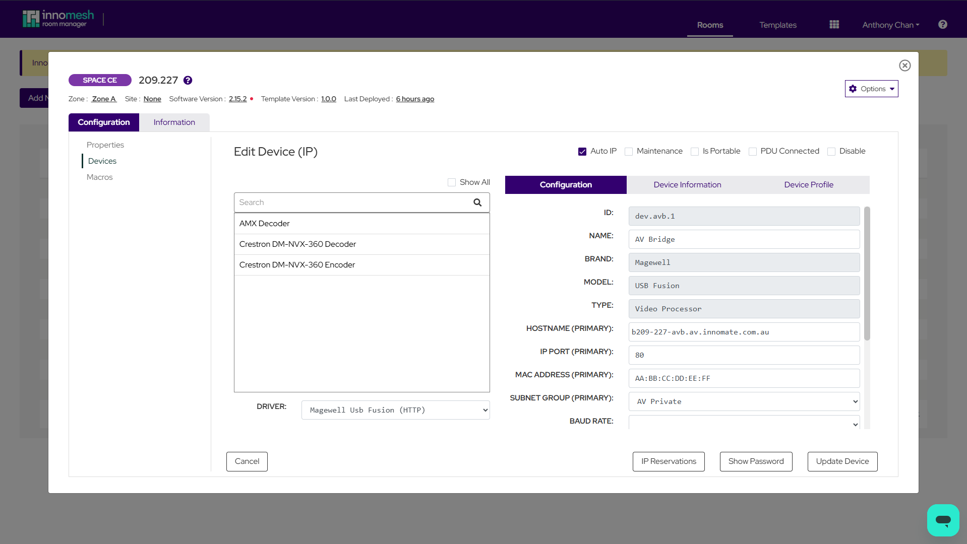 Edit Device page with Auto IP enabled showing Hostname Primary, MAC Address Primary, and Subnet Group Primary fields