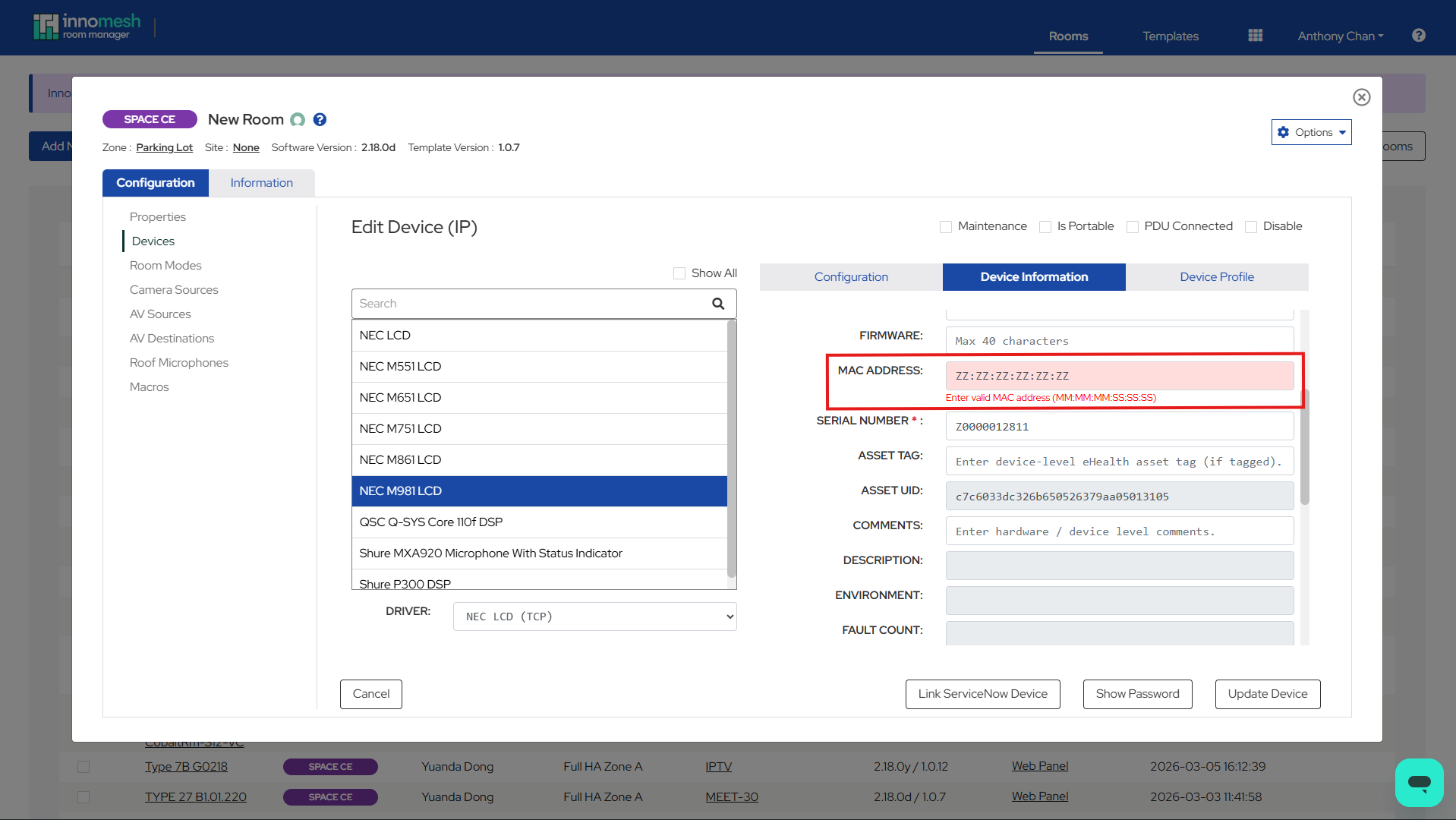 Field validation warning displayed in Room Manager when a value does not match the REGEX pattern