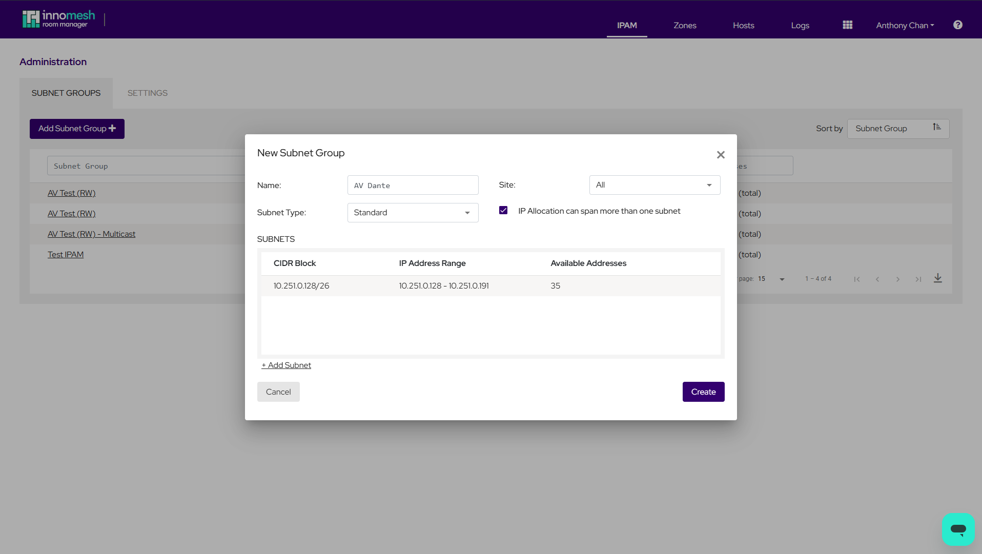 New Subnet Group modal showing name, site, subnet type, spanning checkbox, and a list of subnets