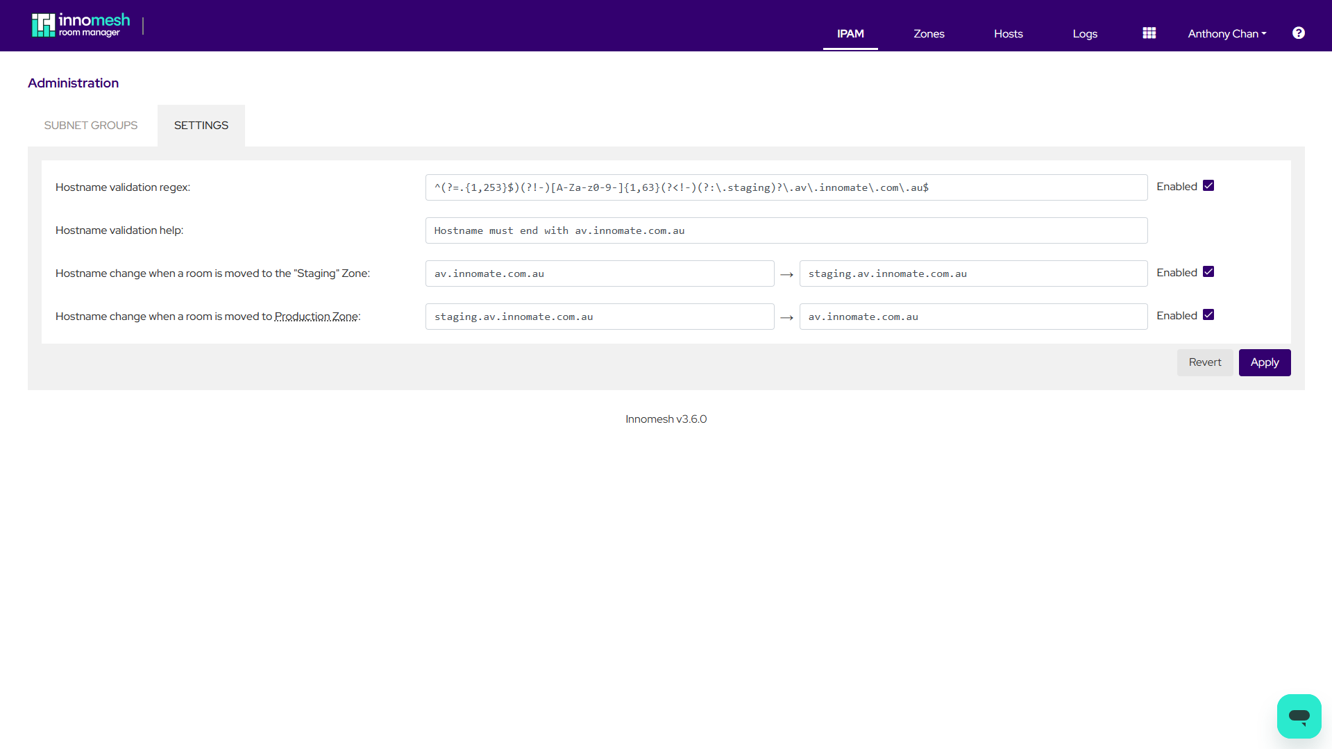 IPAM Settings page showing hostname validation regex, staging modification, and production modification fields