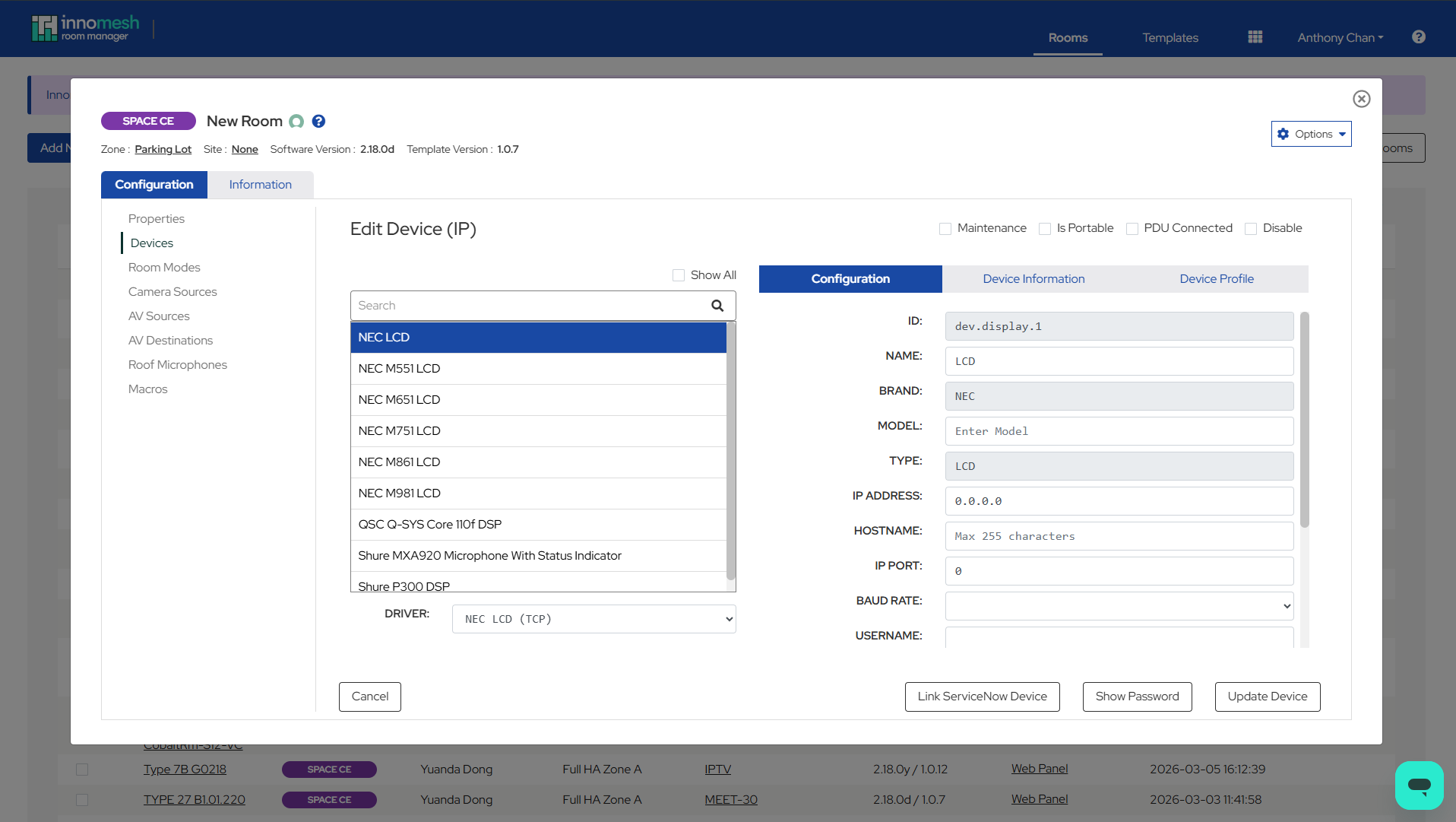 Device list showing the Link ServiceNow Device icon highlighted on a device row