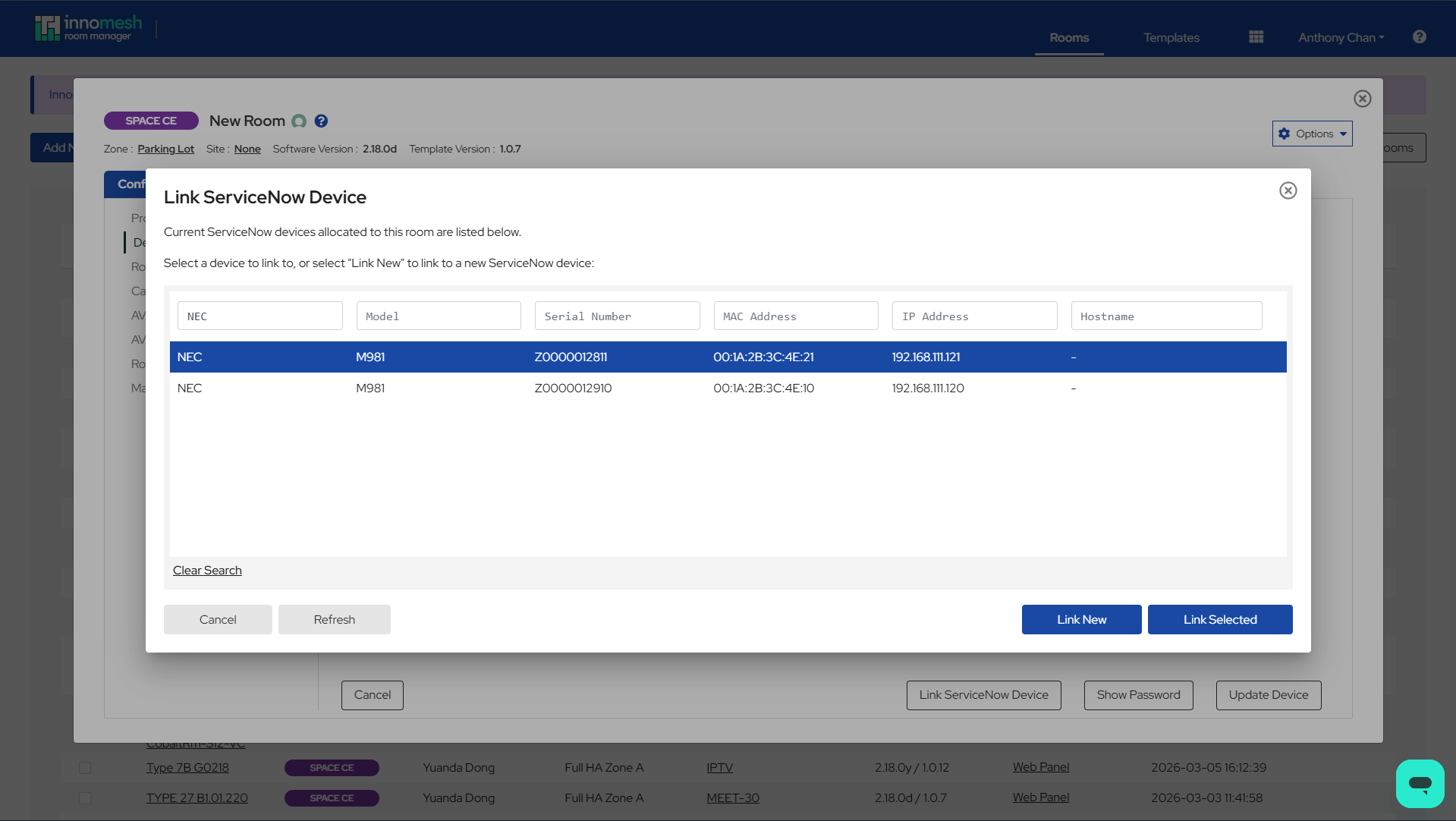 Link ServiceNow Device dialog showing current ServiceNow devices and Link New button