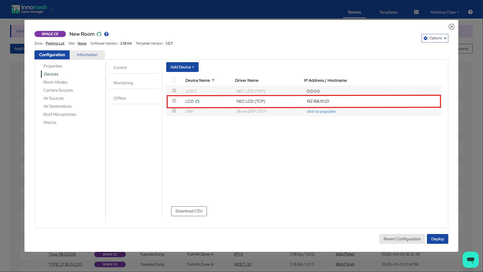 Room view showing a device with the ServiceNow linked icon