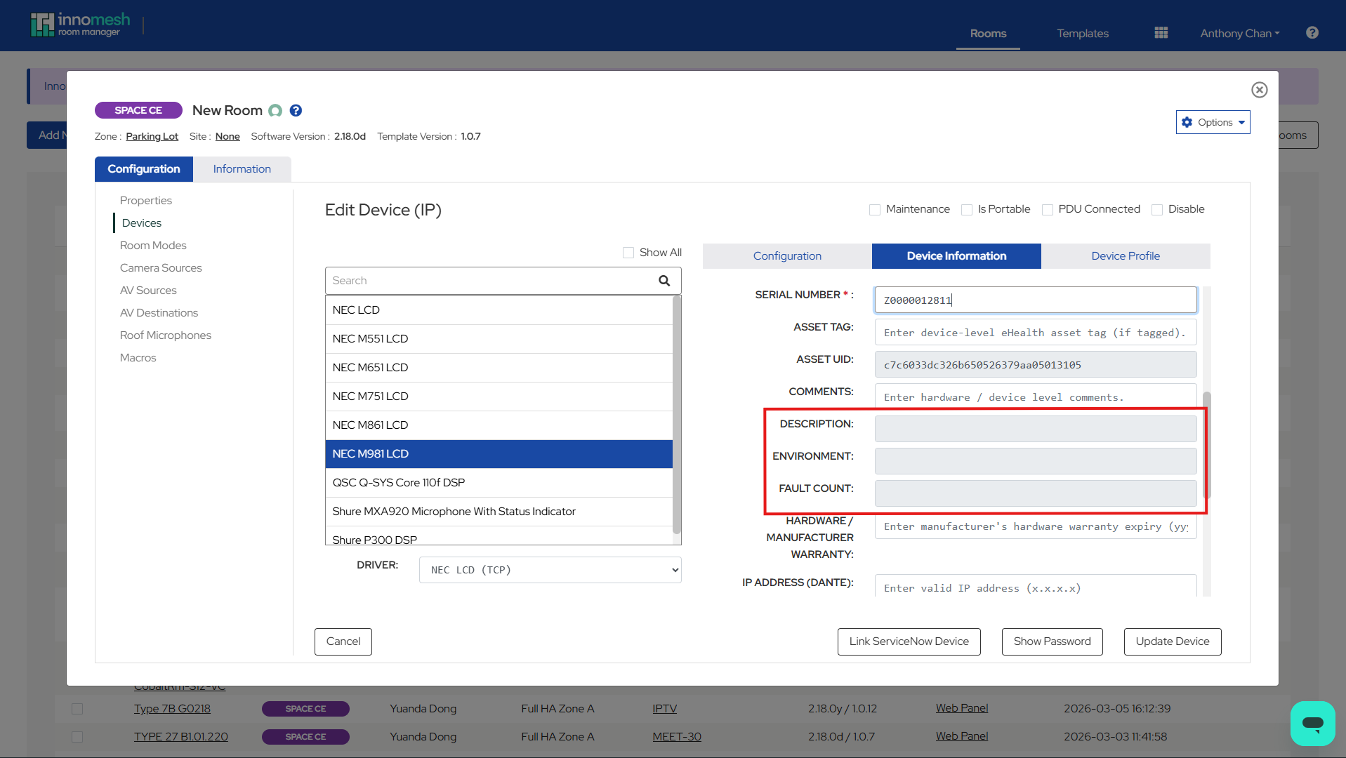 Device edit form in Room Manager showing read-only fields greyed out for fields where ServiceNow is the source of truth