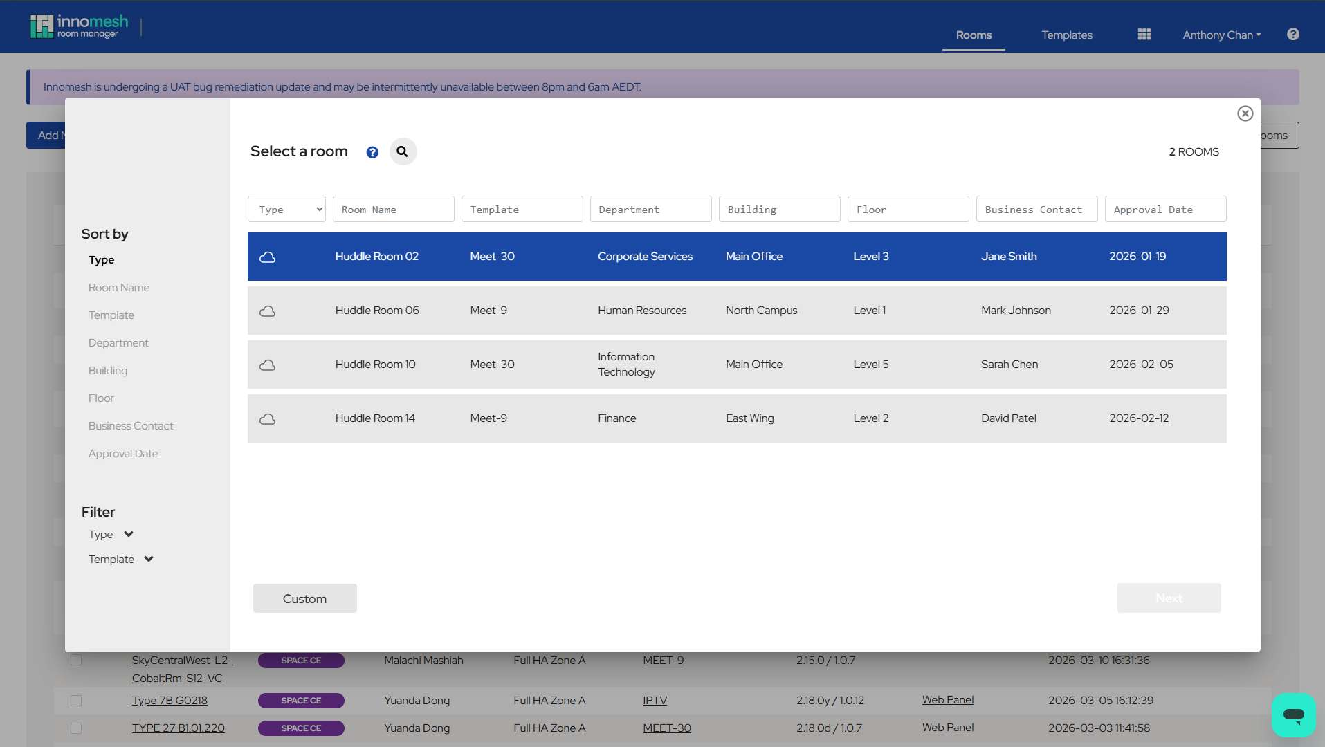 Select a Room page displaying approved rooms from ServiceNow