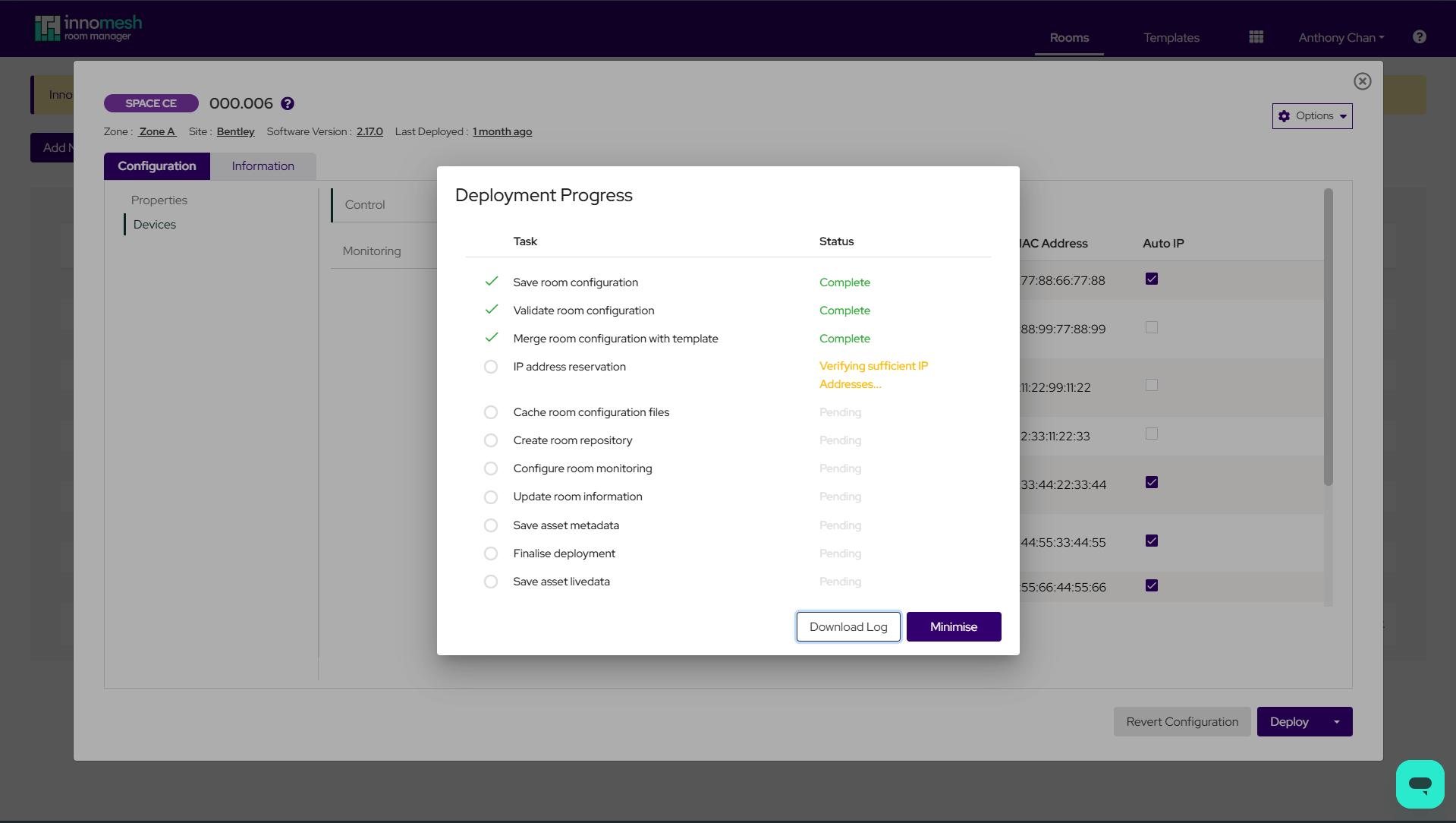Room deployment progress screen showing IP reservation steps completing alongside other deployment tasks