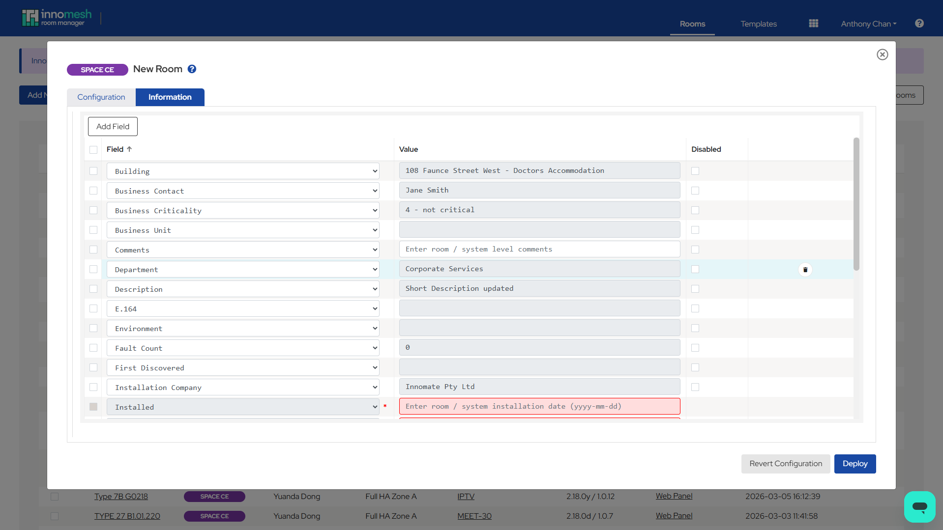 Room creation workflow showing the Information tab alongside Configuration