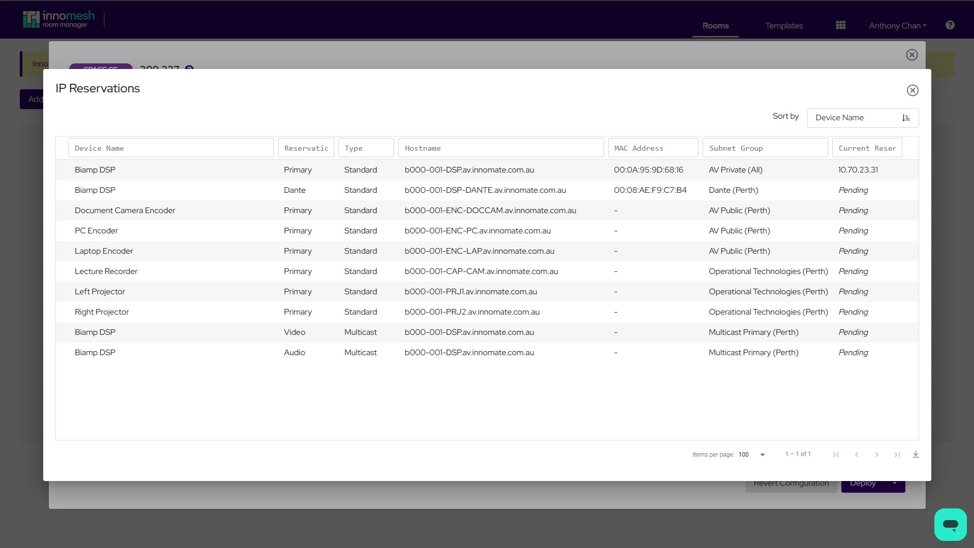 Room IP Reservations view showing a sortable table of all device reservations with hover tooltip displaying netmask, gateway, and extensible attributes