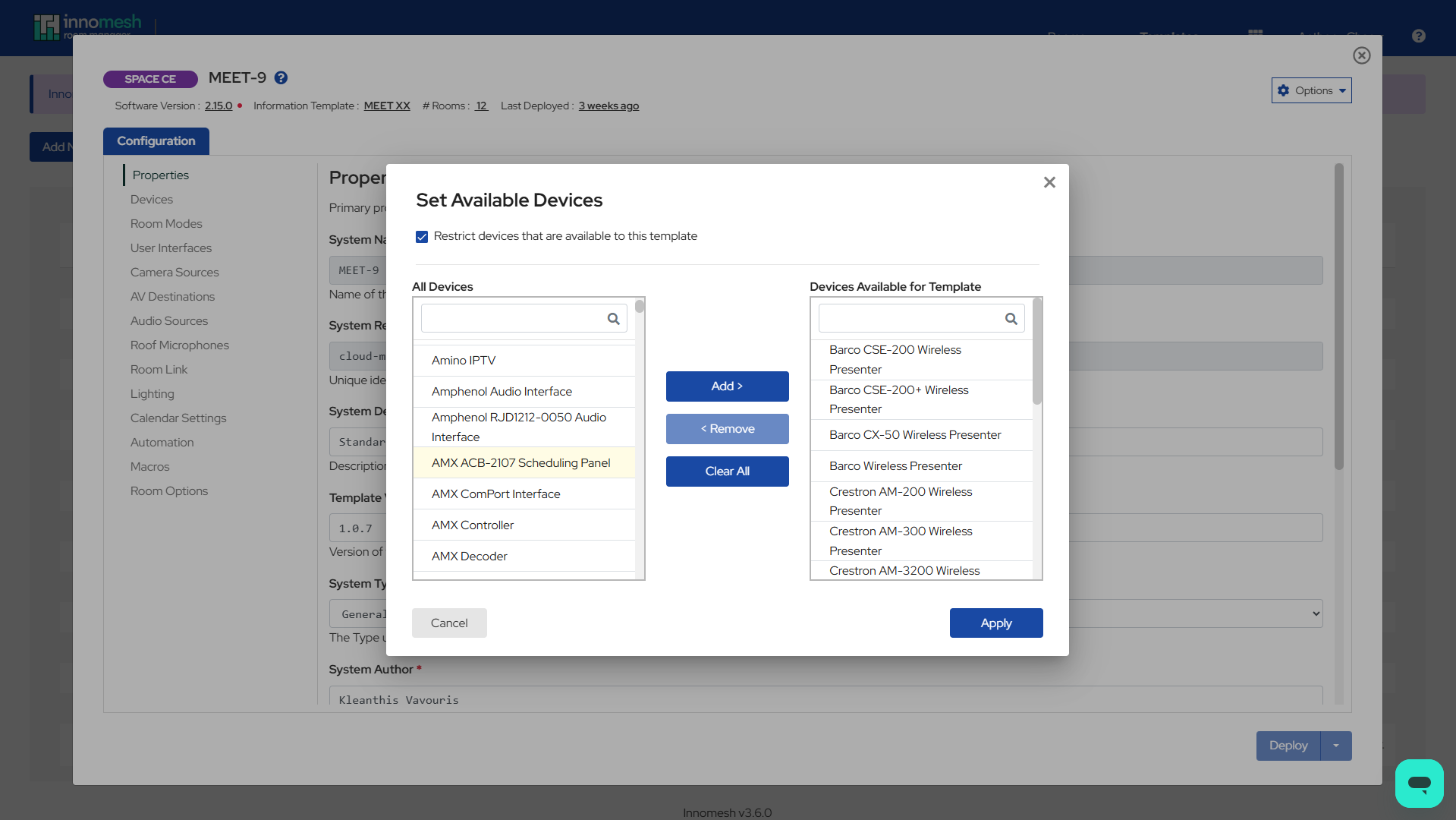 Set Available Devices dialog for restricting device profiles on a template
