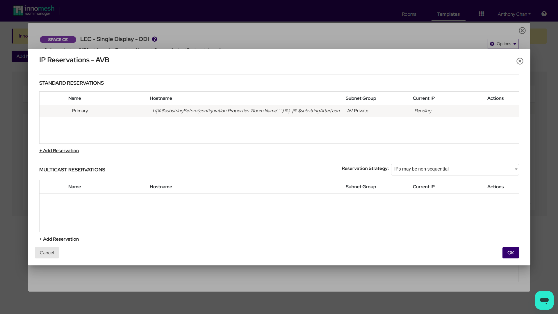 Template IP Reservations modal showing standard and multicast reservations without MAC Address column and all IPs as Pending