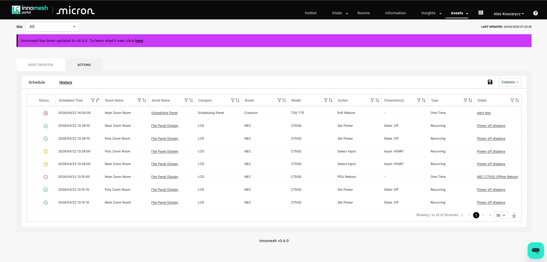 History tab showing completed, failed, cancelled, and timed out actions with status icons