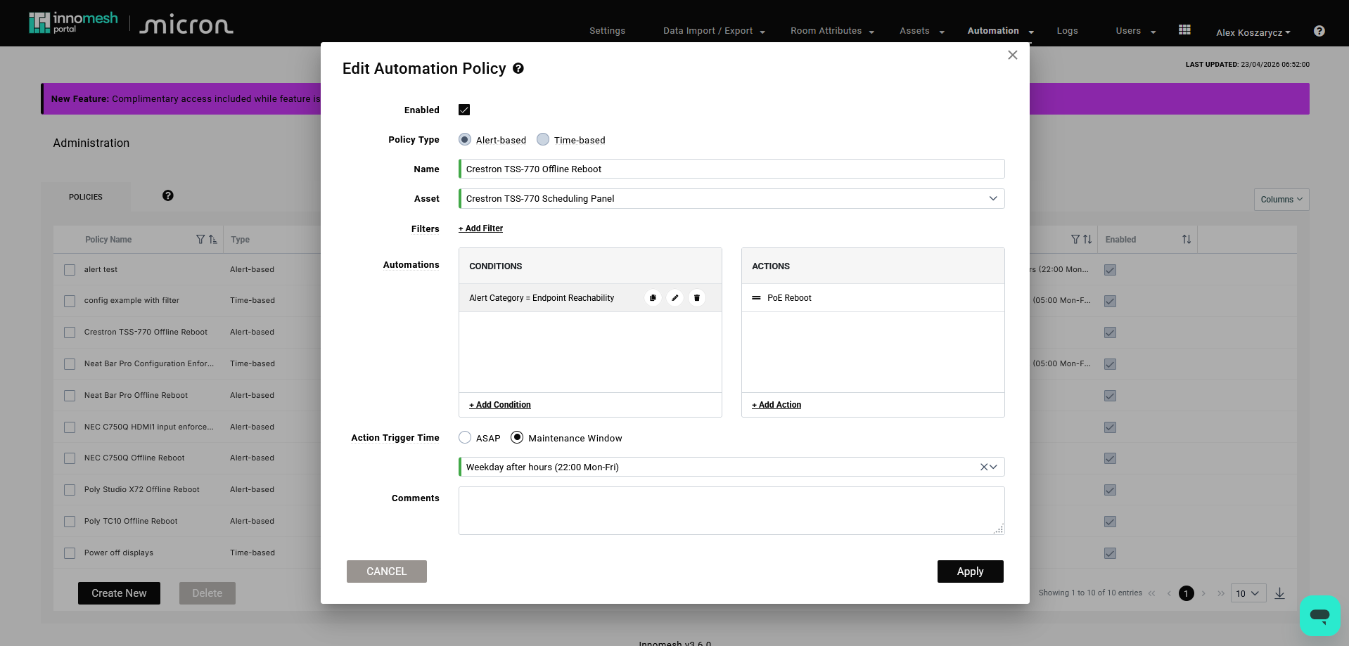 Alert-based policy conditions showing Alert Cat equals Endpoint Reachability