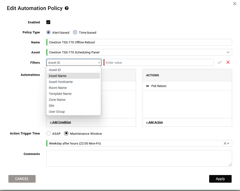 Filter type dropdown showing Asset ID, Asset Name, Asset Hostname, Room Name, Template Name, Zone Name, Site, and User Group options