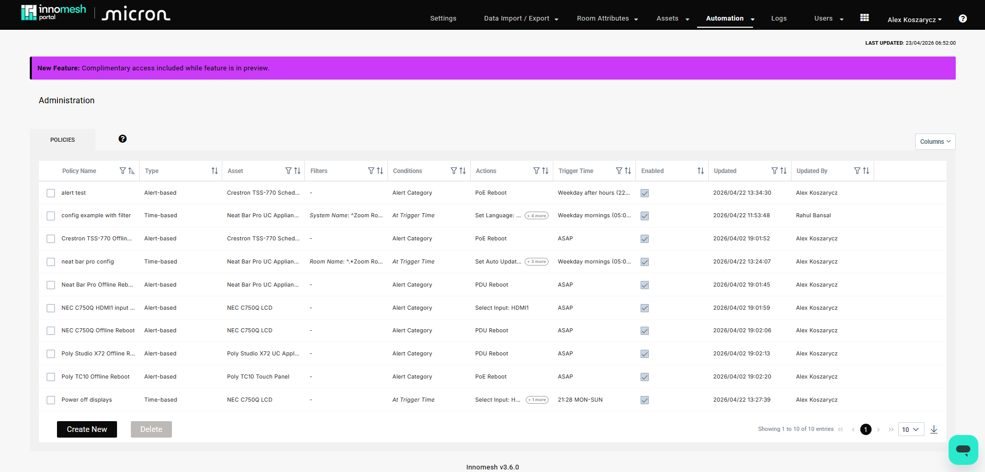 Automation Policies list page showing configured time-based and alert-based policies