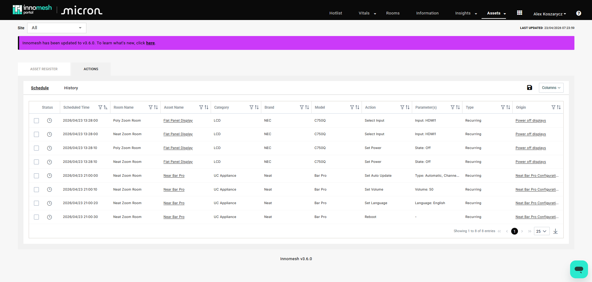 Scheduled Actions page showing upcoming actions with policy name, asset, room, scheduled time, and status