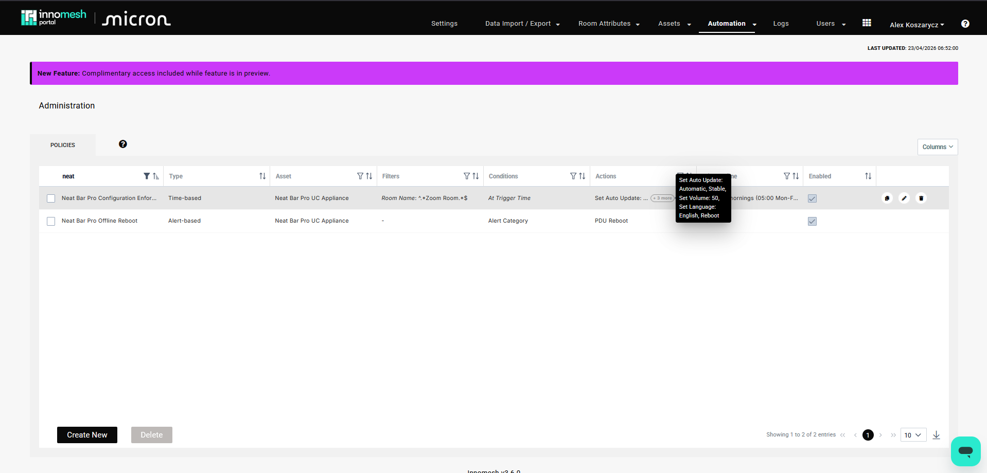Saved time-based policy showing name, filters, actions summary, and schedule